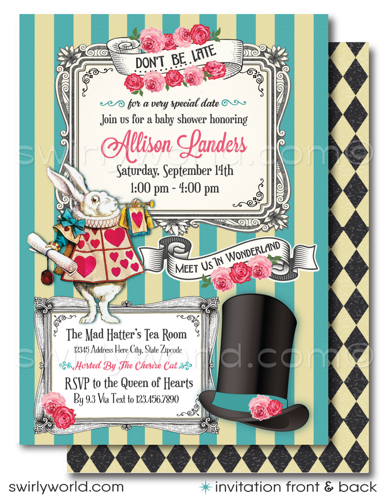 Host a whimsical baby shower with Swirly World's Alice in Wonderland Mad Hatter's Tea Party Invitation Set. Featuring vintage Victorian style, rosie pink and teal blue colors, and classic fairytale illustrations. Editable on Corjl for a personalized touch. Includes invites, thank you cards, and envelopes.