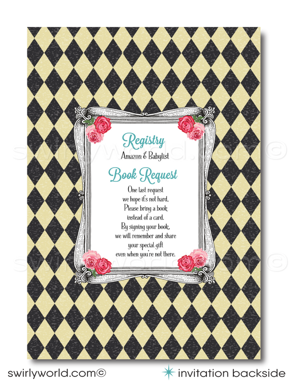 Host a whimsical baby shower with Swirly World's Alice in Wonderland Mad Hatter's Tea Party Invitation Set. Featuring vintage Victorian style, rosie pink and teal blue colors, and classic fairytale illustrations. Editable on Corjl for a personalized touch. Includes invites, thank you cards, and envelopes.