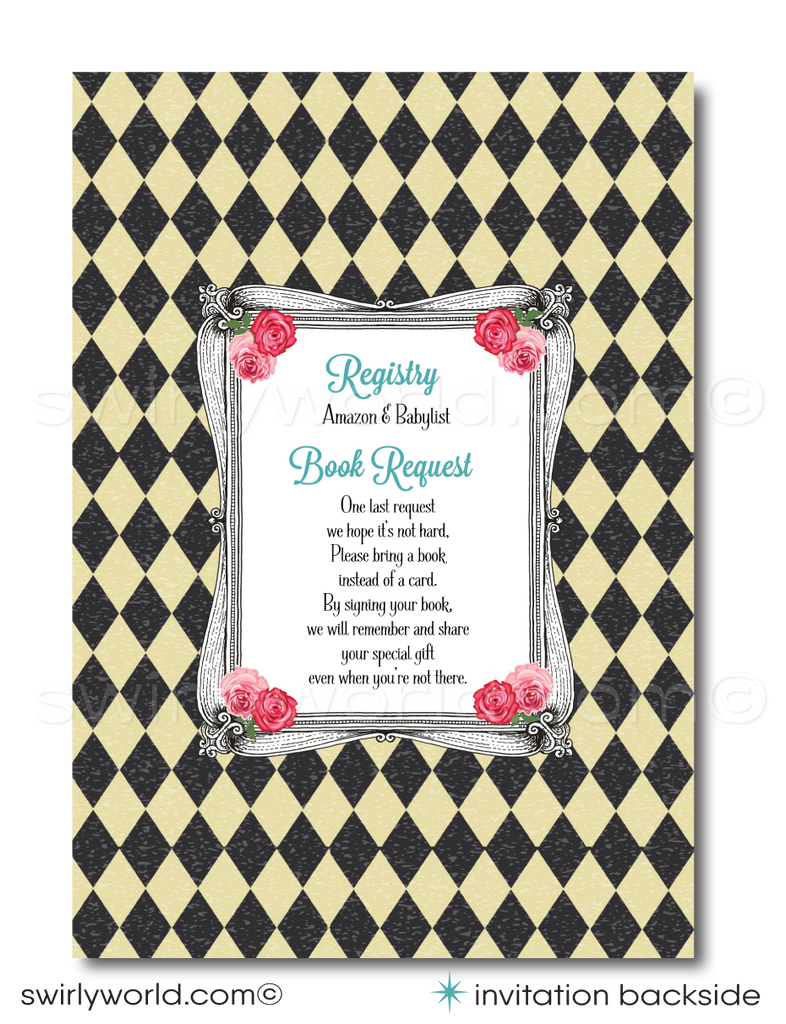 Host a whimsical baby shower with Swirly World's Alice in Wonderland Mad Hatter's Tea Party Invitation Set. Featuring vintage Victorian style, peachy pink and teal blue colors, and classic fairytale illustrations. Editable on Corjl for a personalized touch. Includes invites, thank you cards, and envelopes.