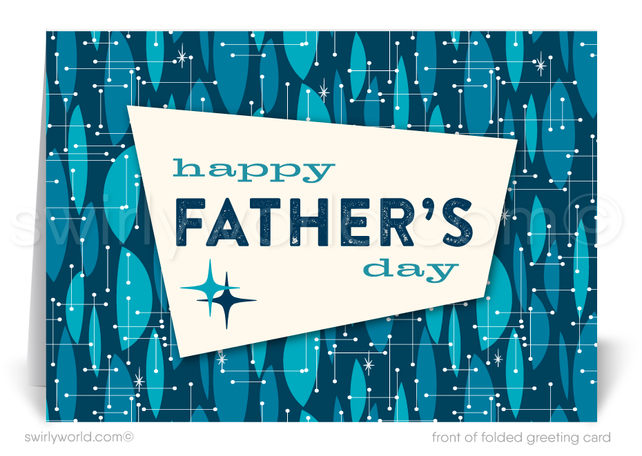 Surprise Dad with Swirly World's Vintage Style Mid-Century Modern Father's Day Card. Available in blue hues, perfect for companies or friends. Choose from folded or flatcard options with customizable envelopes. Crafted on premium card stock, personalize easily to make a lasting impression this Father’s Day.