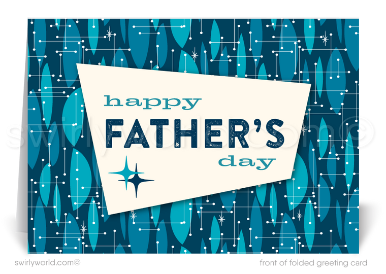 Surprise Dad with Swirly World's Vintage Style Mid-Century Modern Father's Day Card. Available in blue hues, perfect for companies or friends. Choose from folded or flatcard options with customizable envelopes. Crafted on premium card stock, personalize easily to make a lasting impression this Father’s Day.