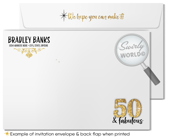 50 And Fabulous Glamorous Gold Glitter And Black 50th Birthday Printed Swirly World Design