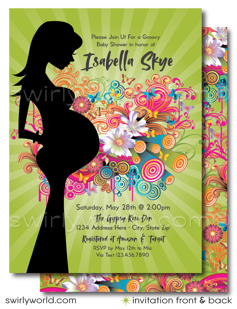 This "Groovy Psychedelic Hippie Chic" Bohemian Baby Shower Invitation and Thank You Card Bundle.Featuring the silhouette of a pregnant woman set against a kaleidoscope of psychedelic colors, this design bursts with life and joy. The background is a lively concoction of daisies, butterflies, swirls, and abstract shapes, all vividly colored and beautifully juxtaposed against a serene green backdrop.