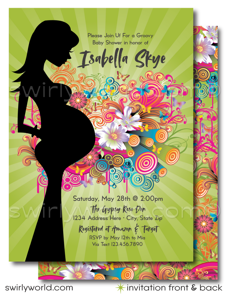 This "Groovy Psychedelic Hippie Chic" Bohemian Baby Shower Invitation and Thank You Card Bundle.Featuring the silhouette of a pregnant woman set against a kaleidoscope of psychedelic colors, this design bursts with life and joy. The background is a lively concoction of daisies, butterflies, swirls, and abstract shapes, all vividly colored and beautifully juxtaposed against a serene green backdrop.