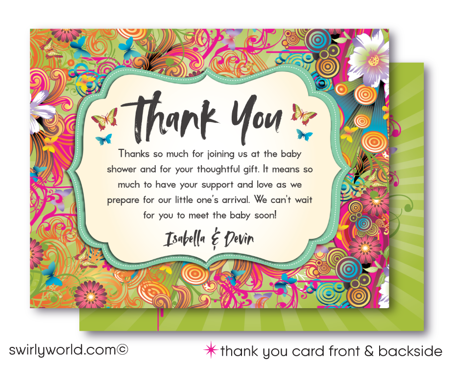 This "Groovy Psychedelic Hippie Chic" Bohemian Baby Shower Invitation and Thank You Card Bundle.Featuring the silhouette of a pregnant woman set against a kaleidoscope of psychedelic colors, this design bursts with life and joy. The background is a lively concoction of daisies, butterflies, swirls, and abstract shapes, all vividly colored and beautifully juxtaposed against a serene green backdrop.