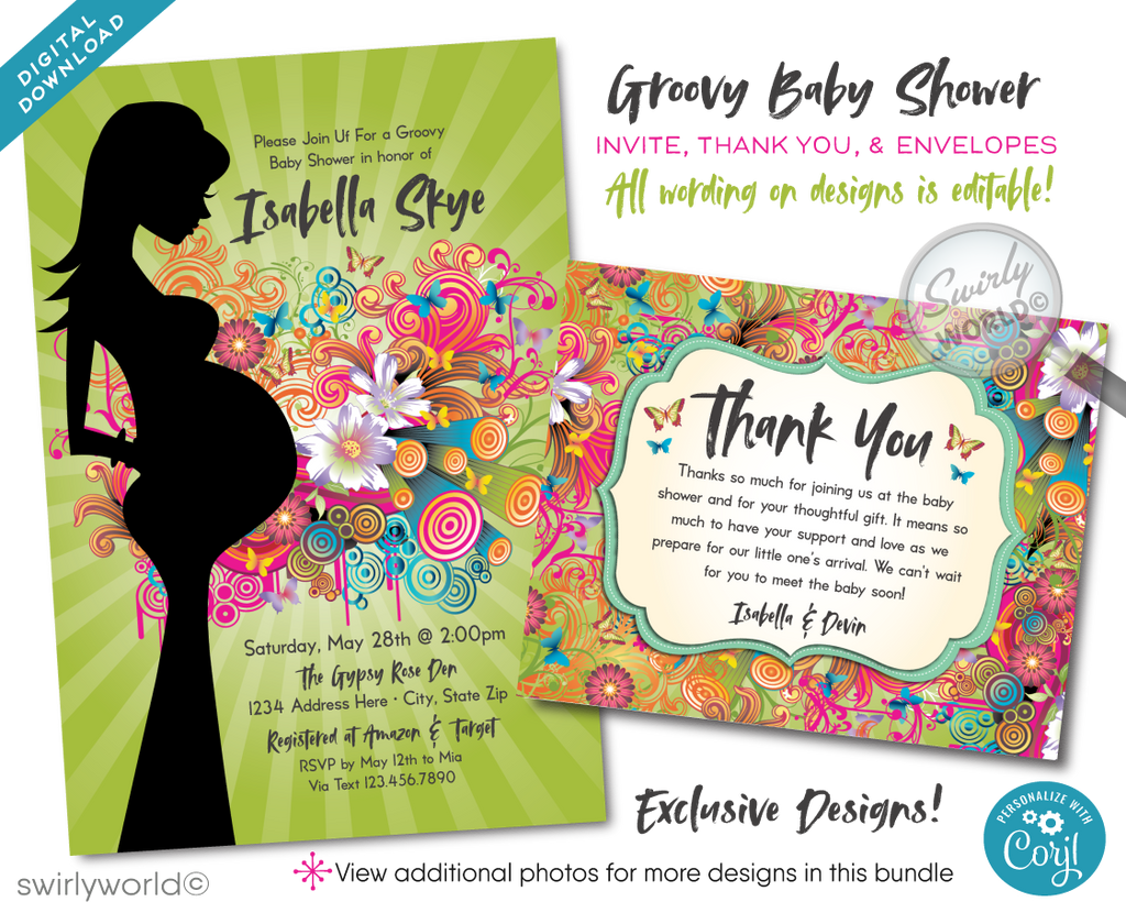 This "Groovy Psychedelic Hippie Chic" Bohemian Baby Shower Invitation and Thank You Card Bundle.Featuring the silhouette of a pregnant woman set against a kaleidoscope of psychedelic colors, this design bursts with life and joy. The background is a lively concoction of daisies, butterflies, swirls, and abstract shapes, all vividly colored and beautifully juxtaposed against a serene green backdrop.