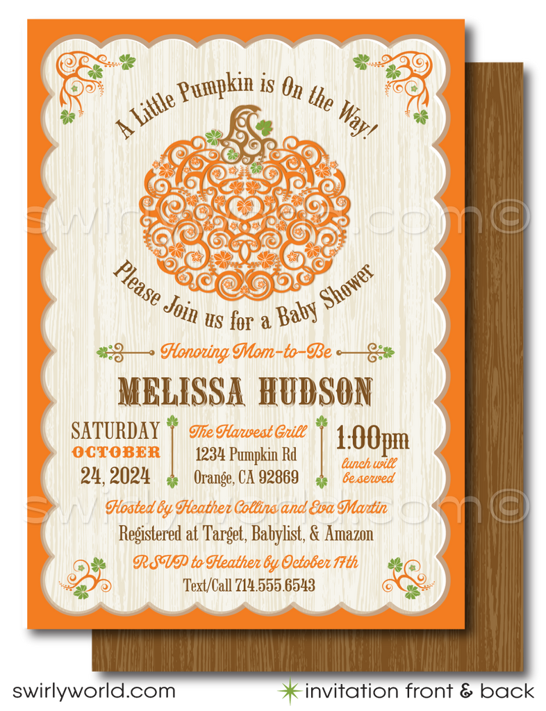 Celebrate the upcoming arrival of your little one with our adorable "Little Pumpkin On the Way" Fall Autumn-themed baby shower invitation and thank you card set. This charming digital download is ideal for setting a cozy, festive atmosphere at a baby shower during the enchanting fall season or a Halloween-themed event.