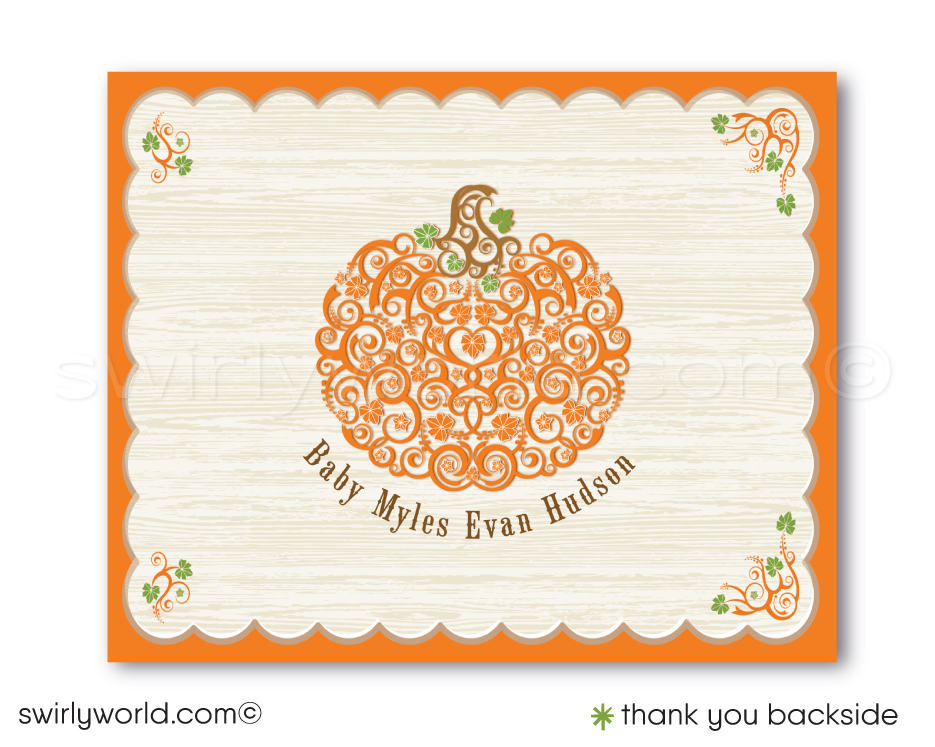 Little Pumpkin Fall Autumn Halloween Printed Baby Shower Invitations and Thank You Cards