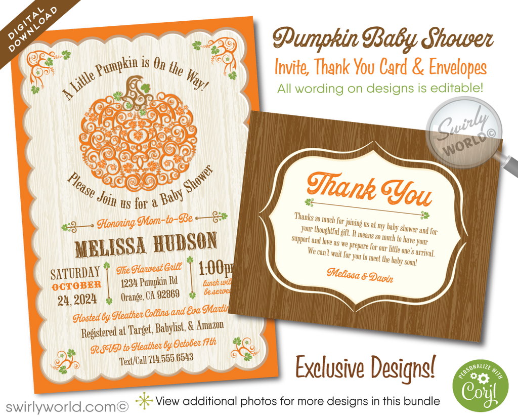 Celebrate the arrival of your little pumpkin with our charming "Little Pumpkin Is On the Way" Fall Autumn-themed baby shower invitation and thank you card set. This delightful digital downloadable collection is perfect for setting a warm, festive tone for a baby shower that coincides with the enchanting fall season or a Halloween-themed celebration.