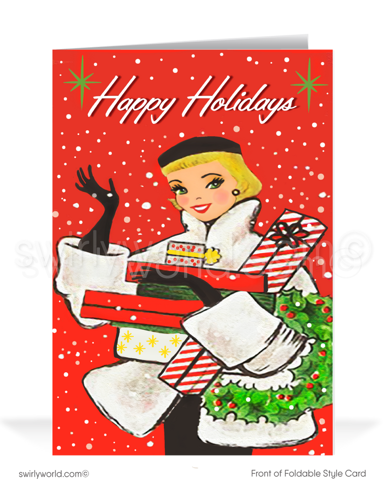 Vintage 1950s Christmas Card with Glamorous Blonde Woman, Retro Atomic Starbursts, and Festive Red Backdrop