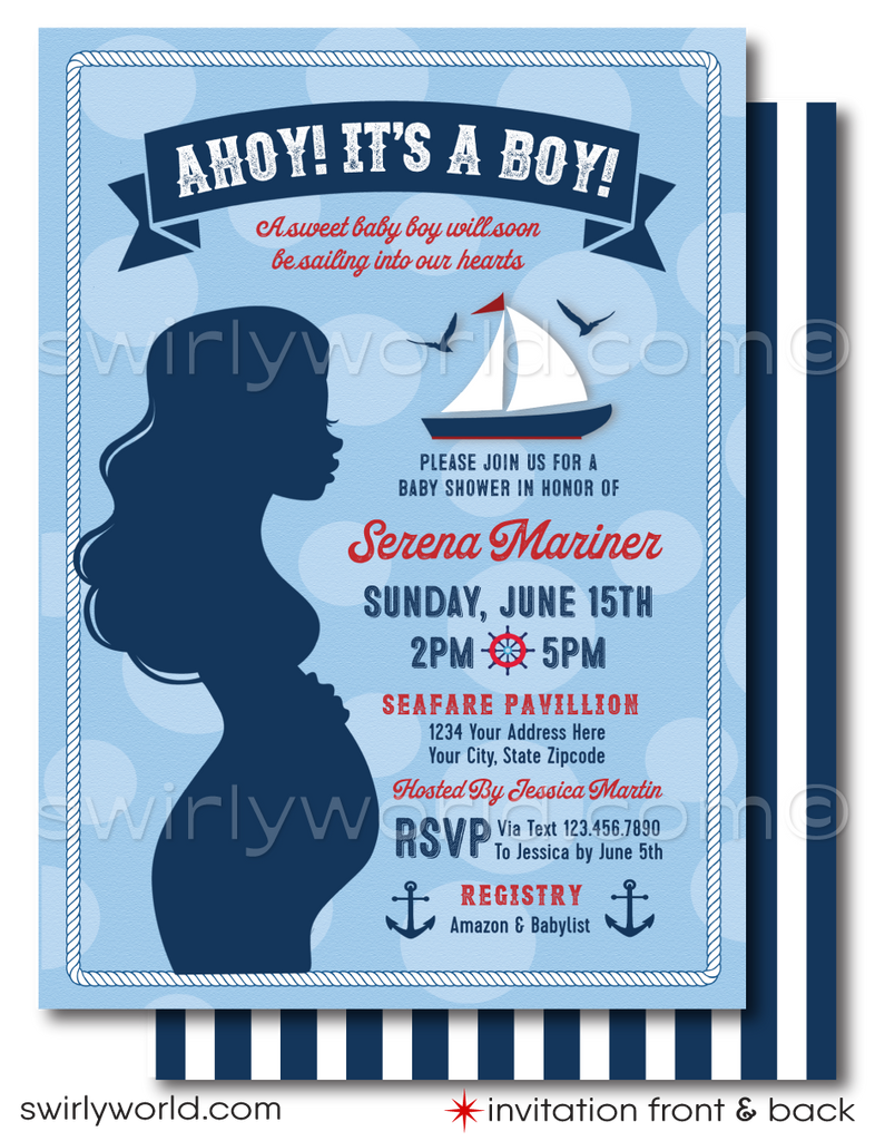 Celebrate your little sailor with the "Ahoy It's A Boy" Sailboat Invitation Set! Includes a charming invitation, thank you card, and matching envelopes in red, white, and blue. Features nautical elements like sailboats and anchors. Printed on thick card stock and shipped to your doorstep. Perfect for an ocean-inspired baby shower.