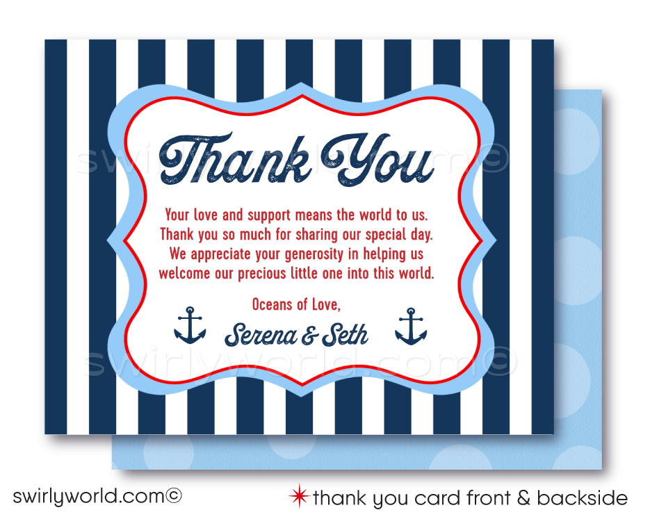 Celebrate your little sailor with the "Ahoy It's A Boy" Sailboat Invitation Set! Includes a charming invitation, thank you card, and matching envelopes in red, white, and blue. Features nautical elements like sailboats and anchors. Printed on thick card stock and shipped to your doorstep. Perfect for an ocean-inspired baby shower.