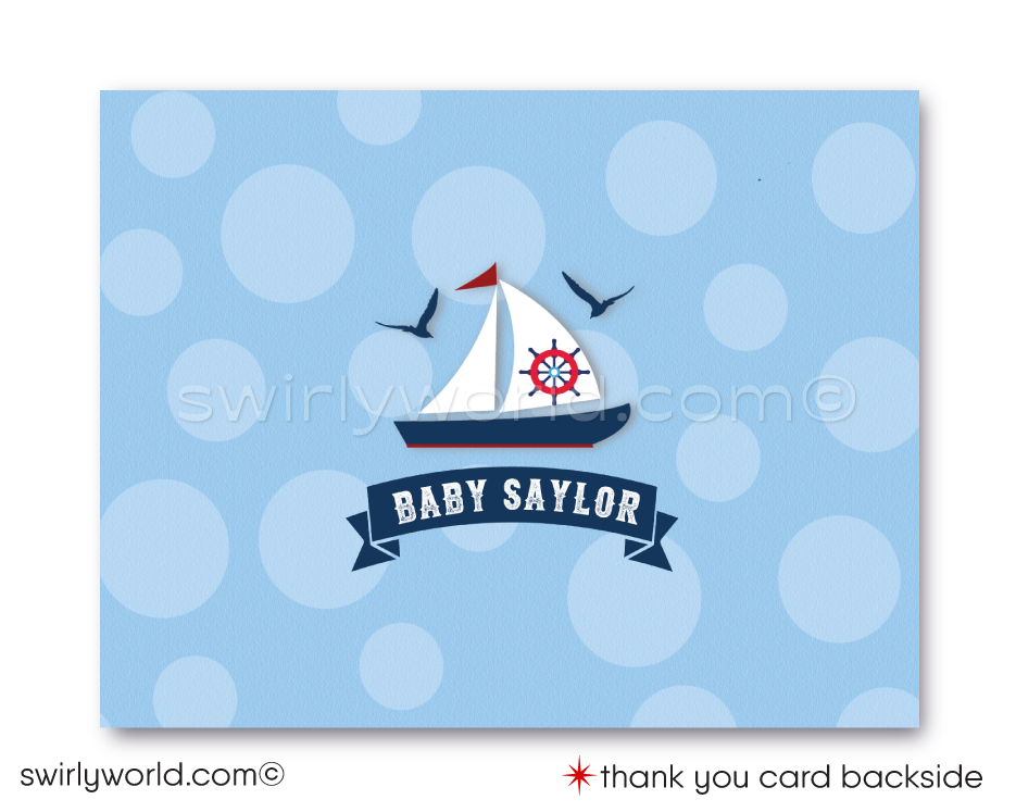 Celebrate your little sailor with the "Ahoy It's A Boy" Sailboat Invitation Set! Includes a charming invitation, thank you card, and matching envelopes in red, white, and blue. Features nautical elements like sailboats and anchors. Printed on thick card stock and shipped to your doorstep. Perfect for an ocean-inspired baby shower.