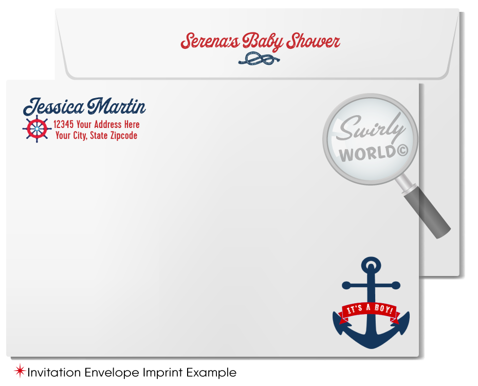 Celebrate your little sailor with the "Ahoy It's A Boy" Sailboat Invitation Set! Includes a charming invitation, thank you card, and matching envelopes in red, white, and blue. Features nautical elements like sailboats and anchors. Printed on thick card stock and shipped to your doorstep. Perfect for an ocean-inspired baby shower.