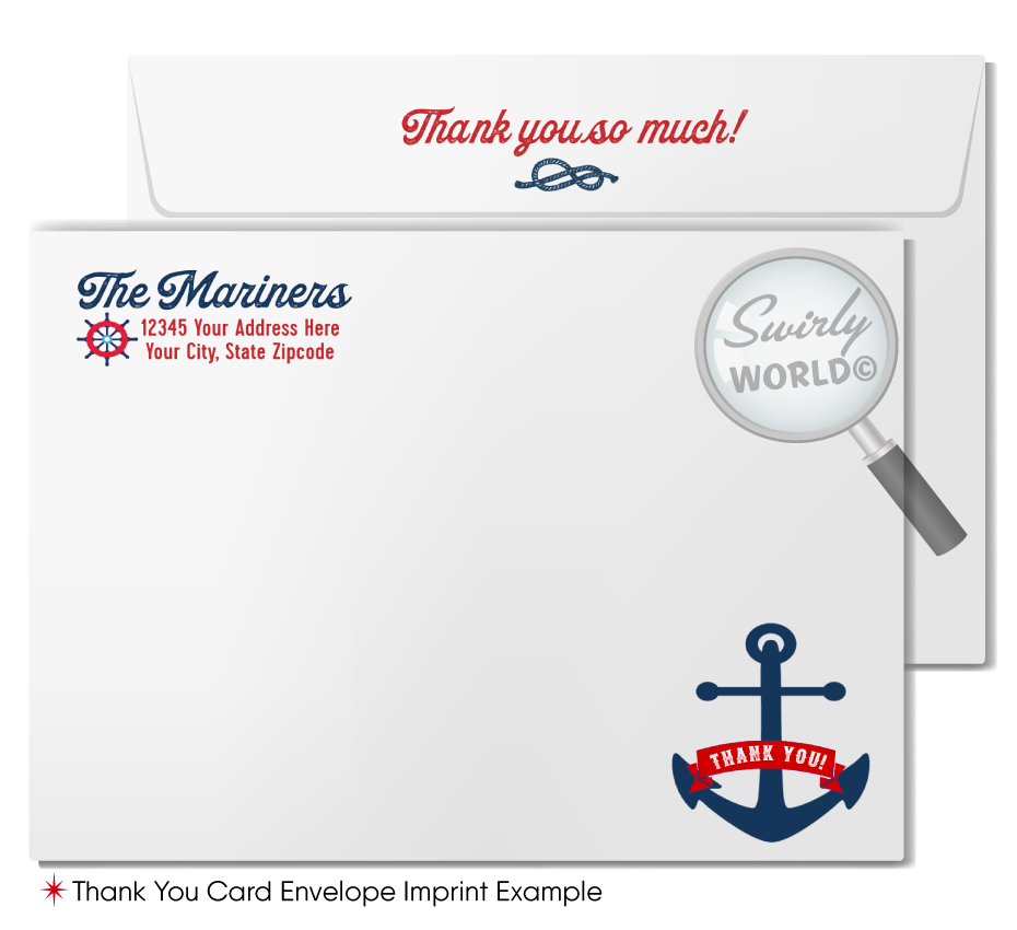 Celebrate your little sailor with the "Ahoy It's A Boy" Sailboat Invitation Set! Includes a charming invitation, thank you card, and matching envelopes in red, white, and blue. Features nautical elements like sailboats and anchors. Printed on thick card stock and shipped to your doorstep. Perfect for an ocean-inspired baby shower.