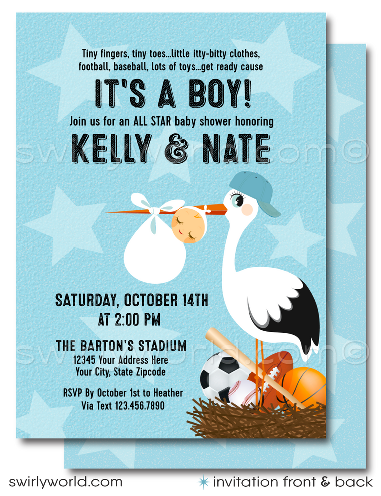 Kick off your baby shower with our All-Star Sports 'It's a Boy' Invitation Bundle! Featuring baseball, soccer, football, and basketball themes with a cute stork design. Editable in Corjl, download instantly. Perfect for sports fans expecting a new MVP. Includes invites, thank you cards, and envelopes.