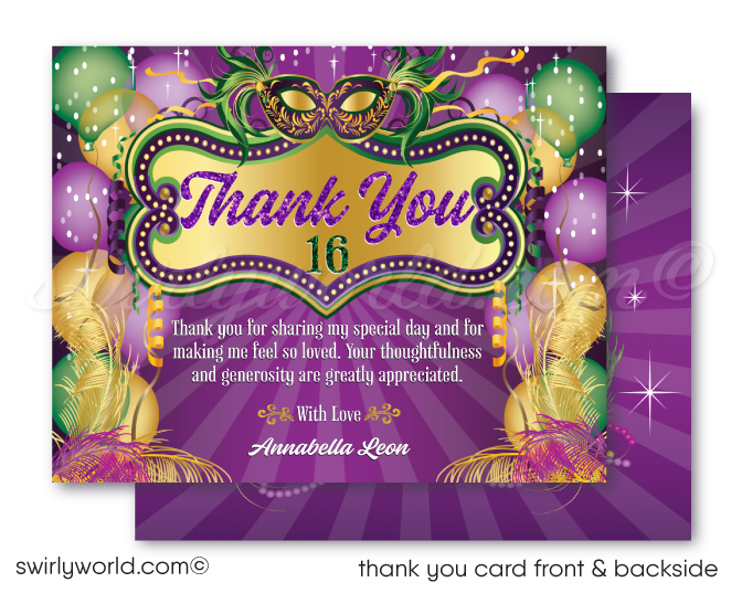 Celebrate a vibrant Sweet 16 with our New Orleans Mardi Gras Masquerade Birthday Party Printed Invitation set! 🎭✨ Featuring purple, green, and gold beads, this set includes digital invitations, thank you cards, and coordinating envelopes. Perfect for a festive and unforgettable celebration! 