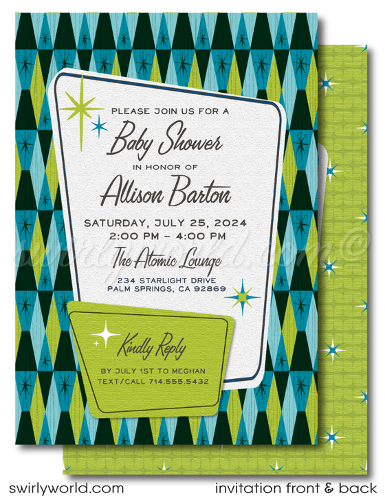 Launch your baby shower with our Atomic Retro Mid-Century Modern Invitation Set! Featuring MCM blue and lime green colors, starbursts, and diamond patterns. Edit easily on Corjl for a unique retro-themed celebration. Includes invites, thank you cards, and envelopes for a stylish, memorable start.