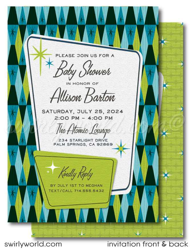 Launch your baby shower with our Atomic Retro Mid-Century Modern Invitation Set! Featuring MCM blue and lime green colors, starbursts, and diamond patterns. Edit easily on Corjl for a unique retro-themed celebration. Includes invites, thank you cards, and envelopes for a stylish, memorable start.