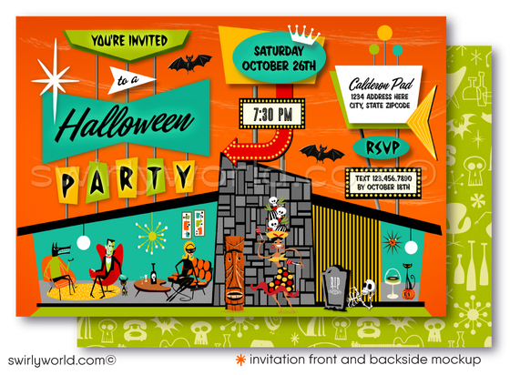 Retro-Shag Mid-Century Modern Halloween Party Invitation - Eichler Monsters Digital Design