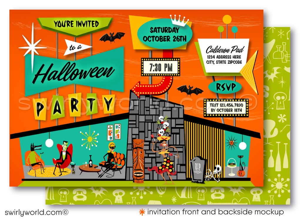 Retro-Shag Mid-Century Mod Halloween Party Invitation - Eichler MCM Monsters Design