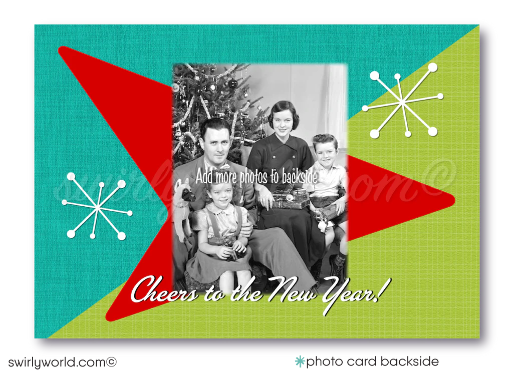 Retro Mid-Century Modern Vintage Family Holiday Photo Card – 1950s Mod Chair, Atomic Starbursts