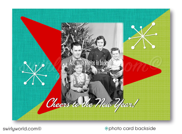 Retro Mid-Century Modern Vintage Family Holiday Photo Card – 1950s Mod Chair, Atomic Starbursts