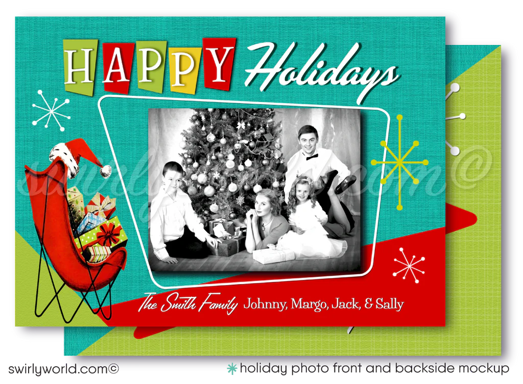 Retro Mid-Century Modern Vintage Family Holiday Photo Card – 1950s Mod Chair, Atomic Starbursts