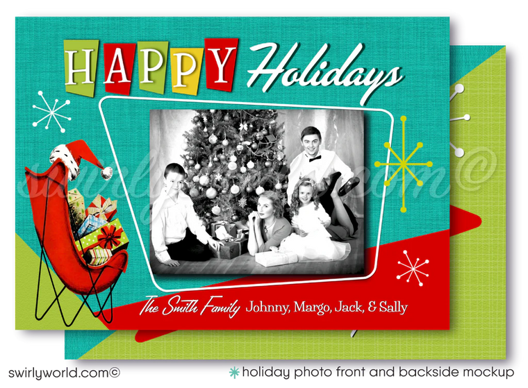 Retro Mid-Century Modern Vintage Family Holiday Photo Card – 1950s Mod Chair, Atomic Starbursts