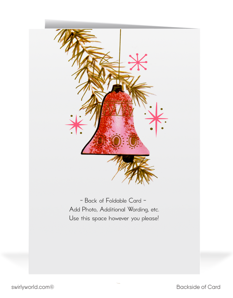 Add retro charm to the holidays with a vintage Christmas card featuring atomic pink ornaments, retro starbursts, and a 1960s mid-century modern design.