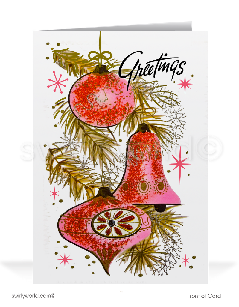 Add retro charm to the holidays with a vintage Christmas card featuring atomic pink ornaments, retro starbursts, and a 1960s mid-century modern design.