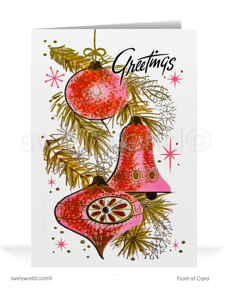 Add retro charm to the holidays with a vintage Christmas card featuring atomic pink ornaments, retro starbursts, and a 1960s mid-century modern design.