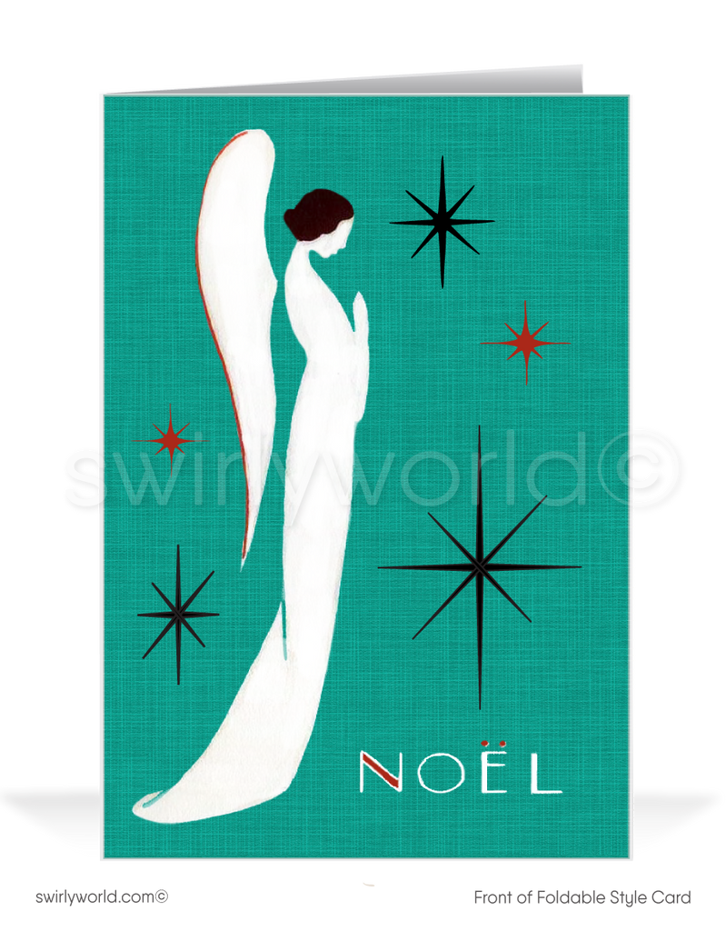 Mid-Century Mod Retro 1960s Angel with Atomic Starbursts Vintage "Noel" Christmas Card