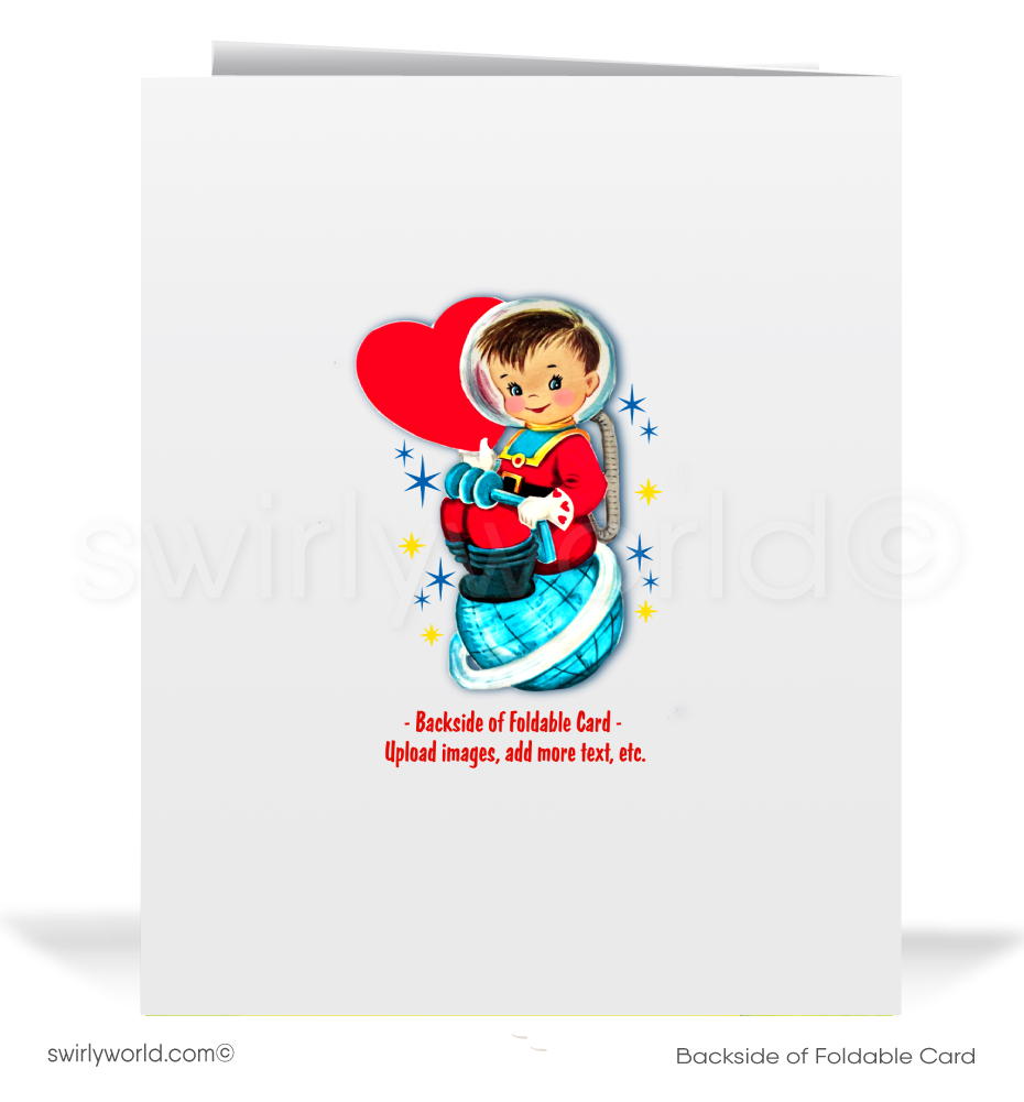 Charming 1940s-1950s Vintage-Inspired Valentine's Day Cards: Outer-space Astronaut with Rocket