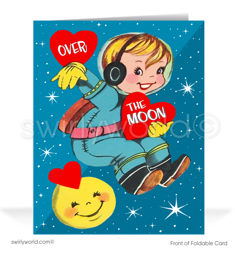 Blast off this Valentine’s Day with our vintage 1940s-50s kitschy cards! Featuring a whimsical astronaut leaping over the moon in a charming atomic space design.