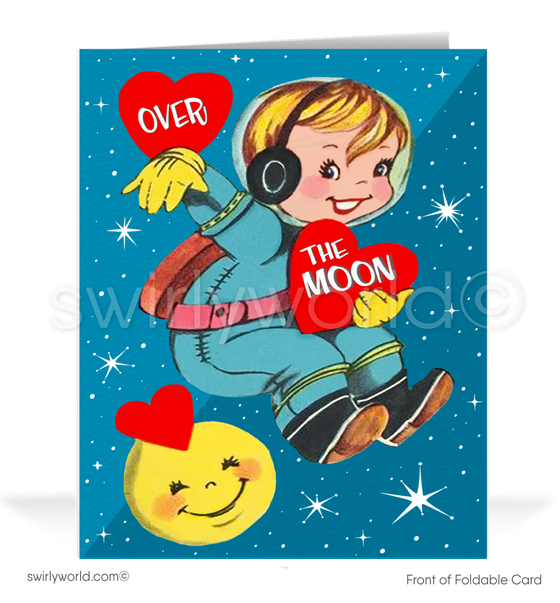 Blast off this Valentine’s Day with our vintage 1940s-50s kitschy cards! Featuring a whimsical astronaut leaping over the moon in a charming atomic space design.