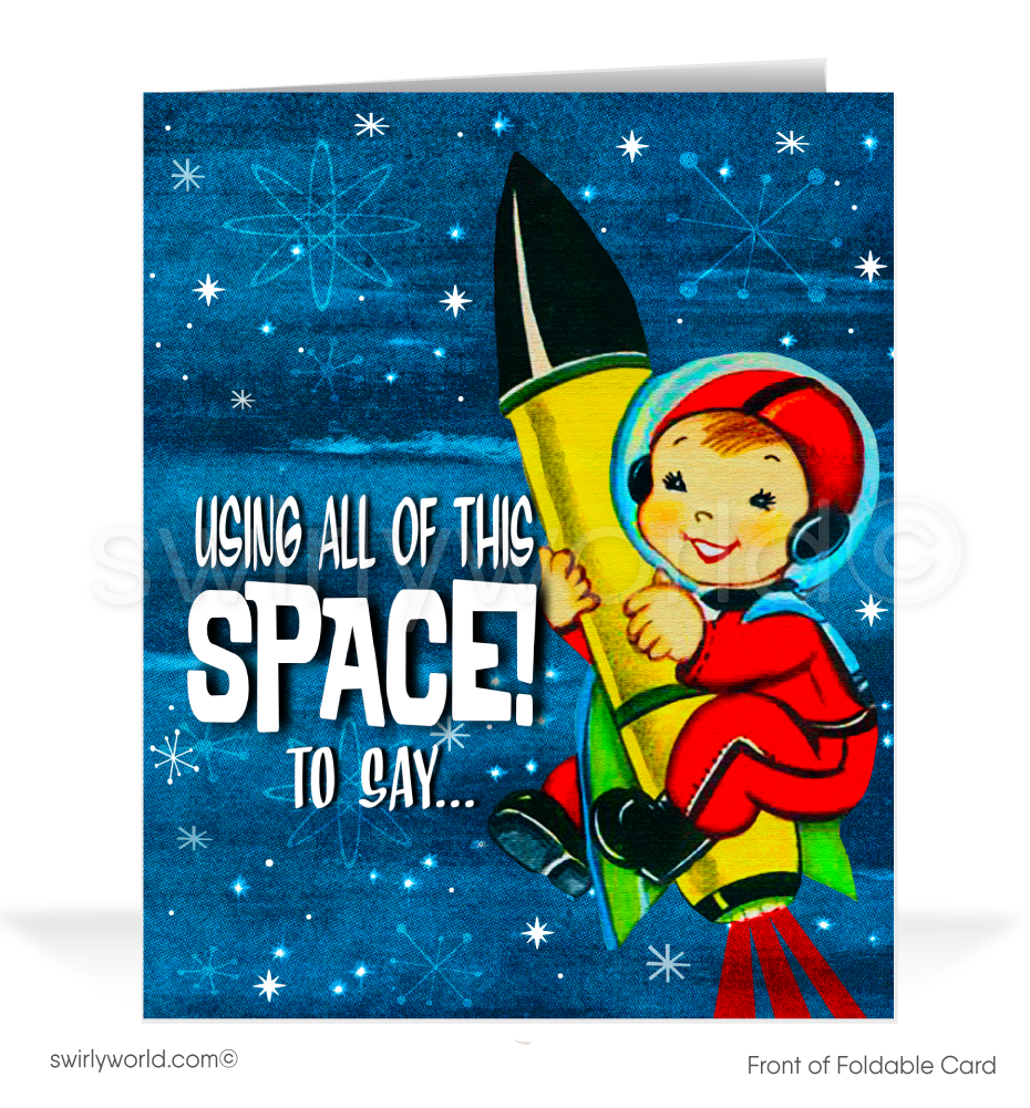 xCelebrate Valentine’s Day with retro charm! Our 1950s-inspired card features an astronaut clutching a rocket in a whimsical atomic-style outer space design.