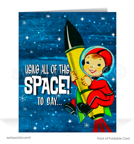 xCelebrate Valentine’s Day with retro charm! Our 1950s-inspired card features an astronaut clutching a rocket in a whimsical atomic-style outer space design.