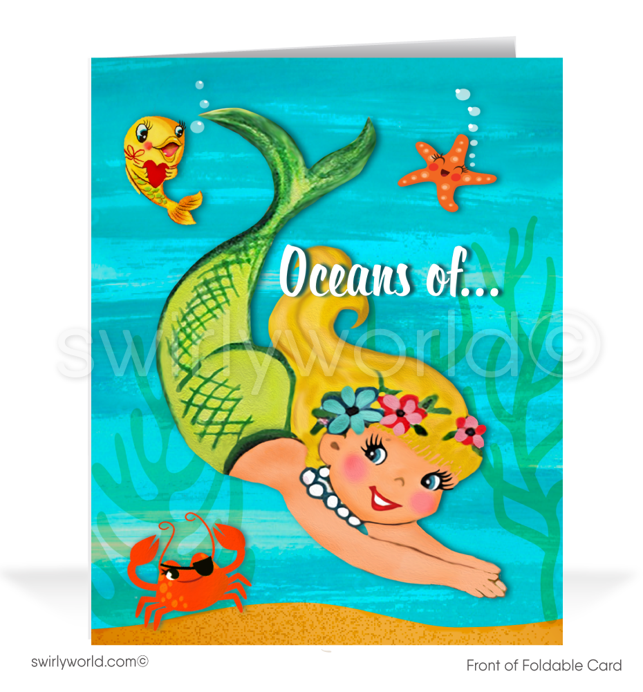 Vintage 1940s-Style "Oceans of Love" Valentine’s Day Card with Mermaid & Playful Sea Creatures