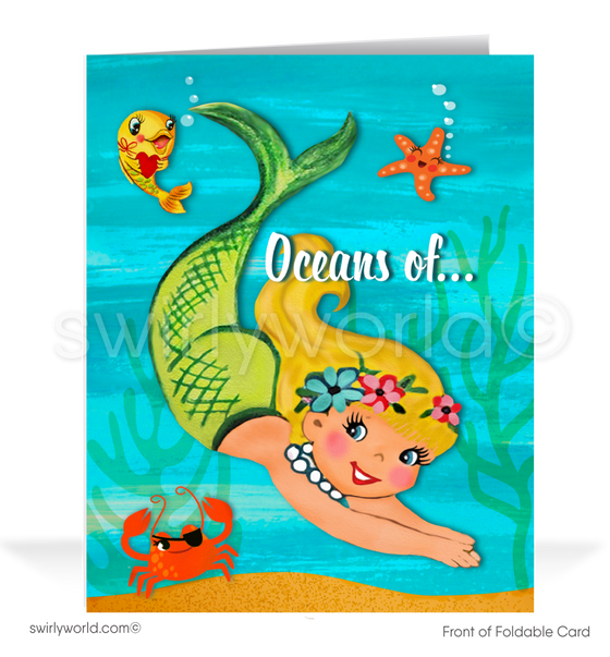 Vintage 1940s-Style "Oceans of Love" Valentine’s Day Card with Mermaid & Playful Sea Creatures