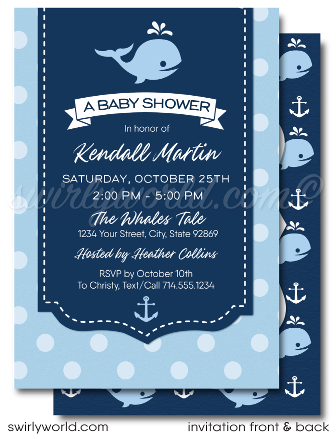 Set sail with Swirly World's Cute Baby Whale Baby Shower Invitation Set! Perfect for nautical-themed celebrations, this set includes invitations, thank you cards, and envelopes, all adorned with charming whale and anchor motifs in soothing blues. Easily editable via Corjl, download instantly for your event.