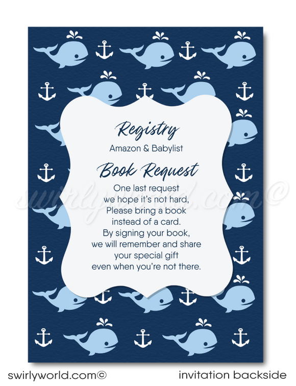 Set sail with Swirly World's Cute Baby Whale Baby Shower Invitation Set! Perfect for nautical-themed celebrations, this set includes invitations, thank you cards, and envelopes, all adorned with charming whale and anchor motifs in soothing blues. Easily editable via Corjl, download instantly for your event.