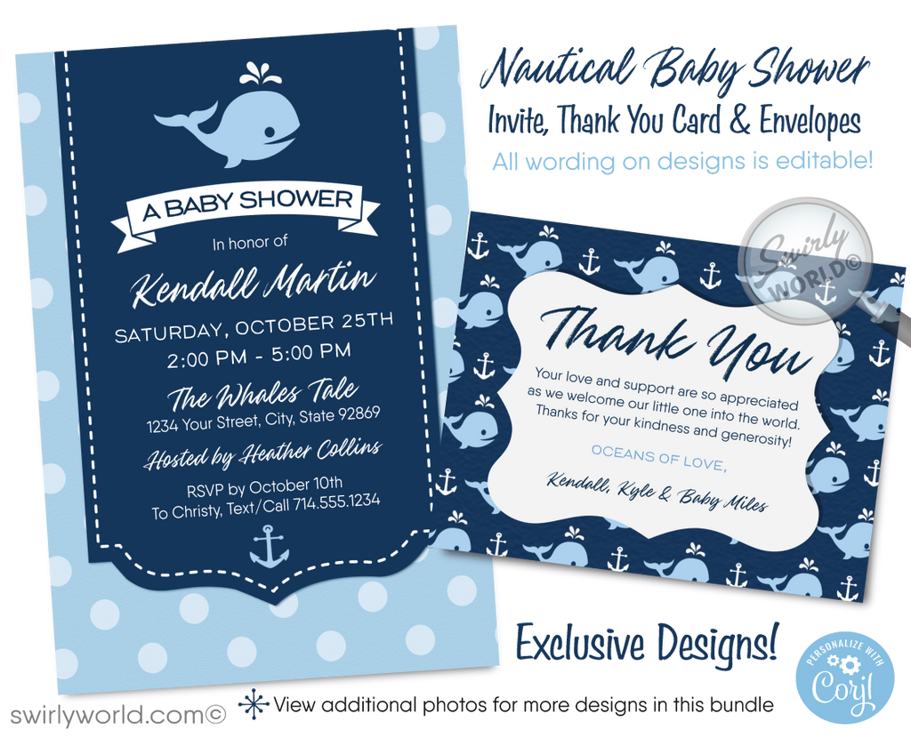 Set sail with Swirly World's Cute Baby Whale Baby Shower Invitation Set! Perfect for nautical-themed celebrations, this set includes invitations, thank you cards, and envelopes, all adorned with charming whale and anchor motifs in soothing blues. Easily editable via Corjl, download instantly for your event.