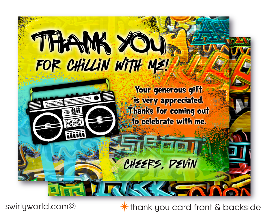 Celebrate in style with our Retro Throwback Old School Hip-Hop Dance Theme Invitation Set! Perfect for a 50th birthday, featuring iconic 80s-90s elements like break-dancing, rap, graffiti art, and ghetto blasters. Includes invitations, thank you cards, and envelopes. Get ready to groove with this vibrant, nostalgic set!