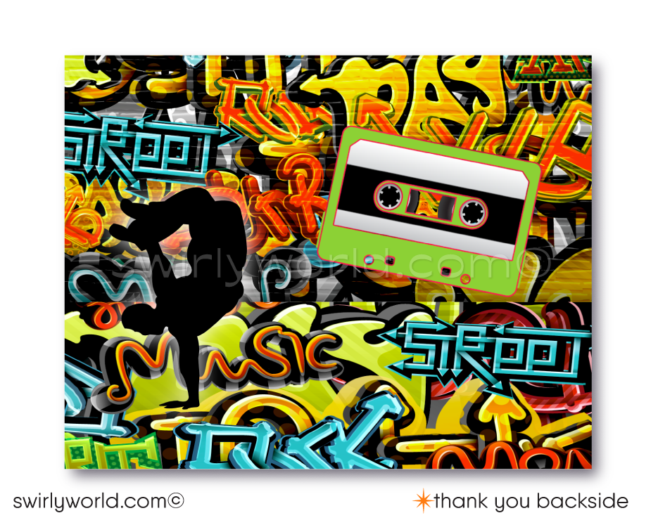 Celebrate in style with our Retro Throwback Old School Hip-Hop Dance Theme Invitation Set! Perfect for a 50th birthday, featuring iconic 80s-90s elements like break-dancing, rap, graffiti art, and ghetto blasters. Includes invitations, thank you cards, and envelopes. Get ready to groove with this vibrant, nostalgic set!