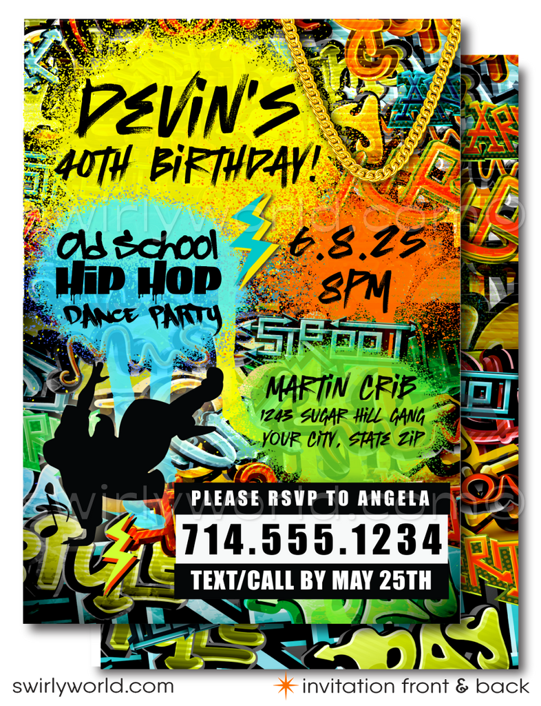 Celebrate in style with our Retro Throwback Old School Hip-Hop Dance Theme Invitation Set! Perfect for a 50th birthday, featuring iconic 80s-90s elements like break-dancing, rap, graffiti art, and ghetto blasters. Includes invitations, thank you cards, and envelopes. Get ready to groove with this vibrant, nostalgic set!