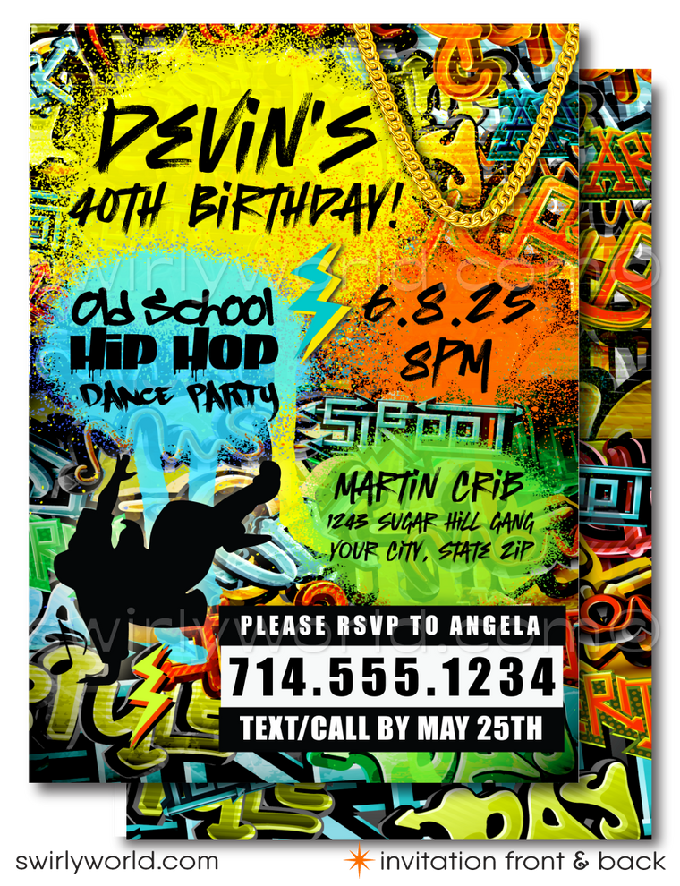 Celebrate in style with our Retro Throwback Old School Hip-Hop Dance Theme Invitation Set! Perfect for a 50th birthday, featuring iconic 80s-90s elements like break-dancing, rap, graffiti art, and ghetto blasters. Includes invitations, thank you cards, and envelopes. Get ready to groove with this vibrant, nostalgic set!