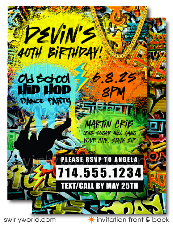 Kick-off your old school Hip Hop birthday bash with these totally dope graffiti Hip Hop party invitations! Old School 80s-90s hip-hop break-dancer rap graffiti spray paint ghetto blaster birthday party invitation and thank you cards for instant digital download. Kick it old school 90's rap birthday party theme.