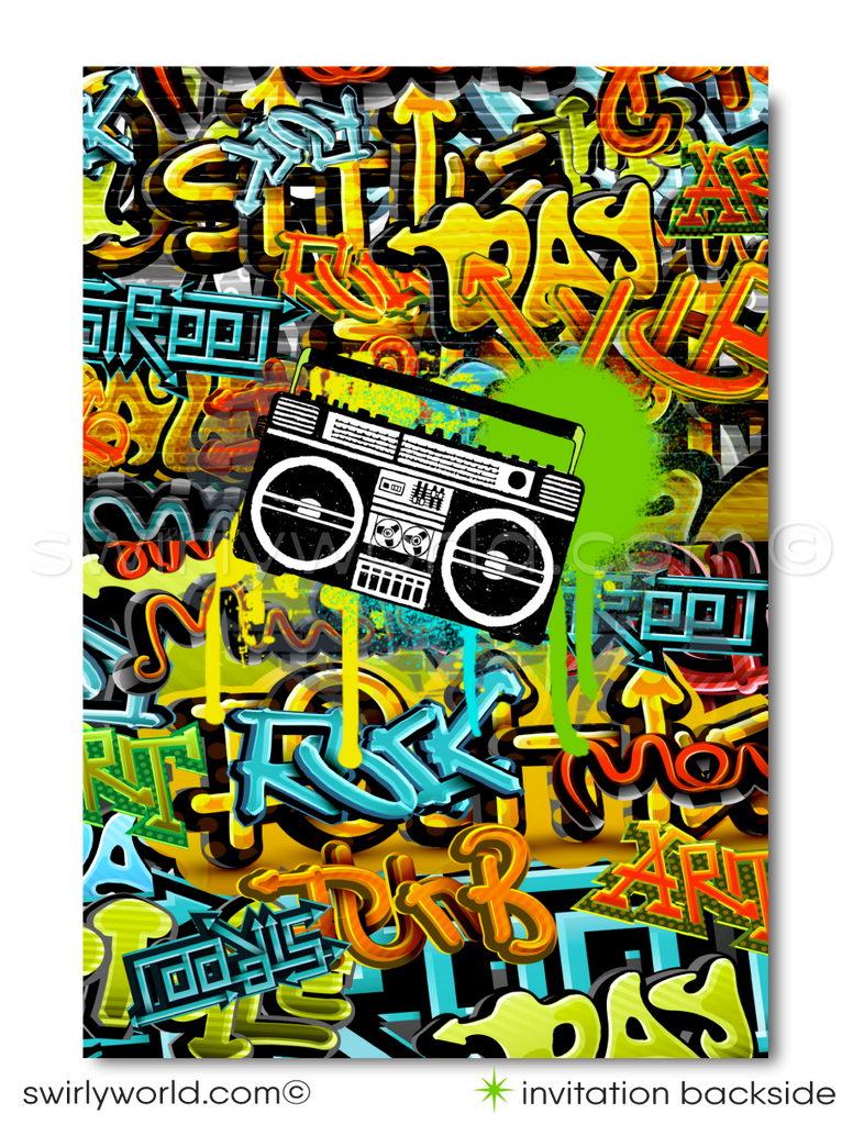 Celebrate in style with our Retro Throwback Old School Hip-Hop Dance Theme Invitation Set! Perfect for a 50th birthday, featuring iconic 80s-90s elements like break-dancing, rap, graffiti art, and ghetto blasters. Includes invitations, thank you cards, and envelopes. Get ready to groove with this vibrant, nostalgic set!