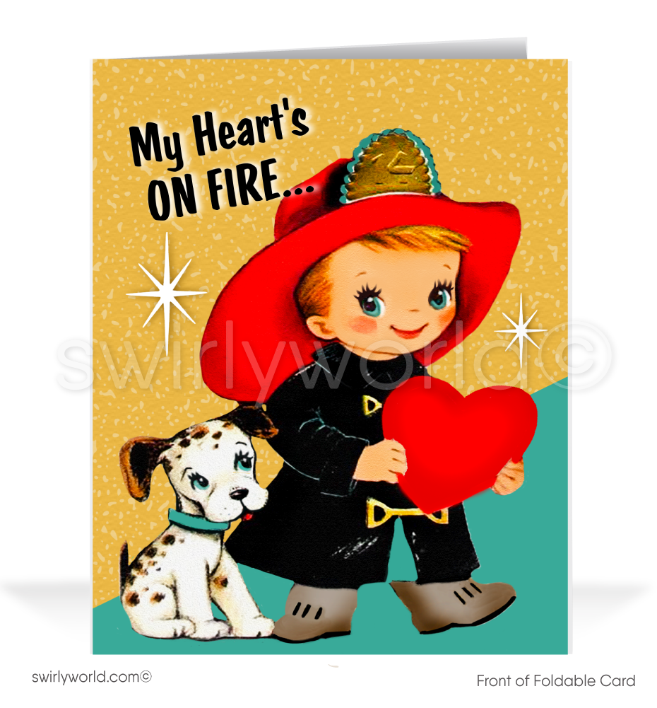 Charming 1940s-1950s Vintage-Inspired Valentine's Day Cards: Firefighter and Dalmation